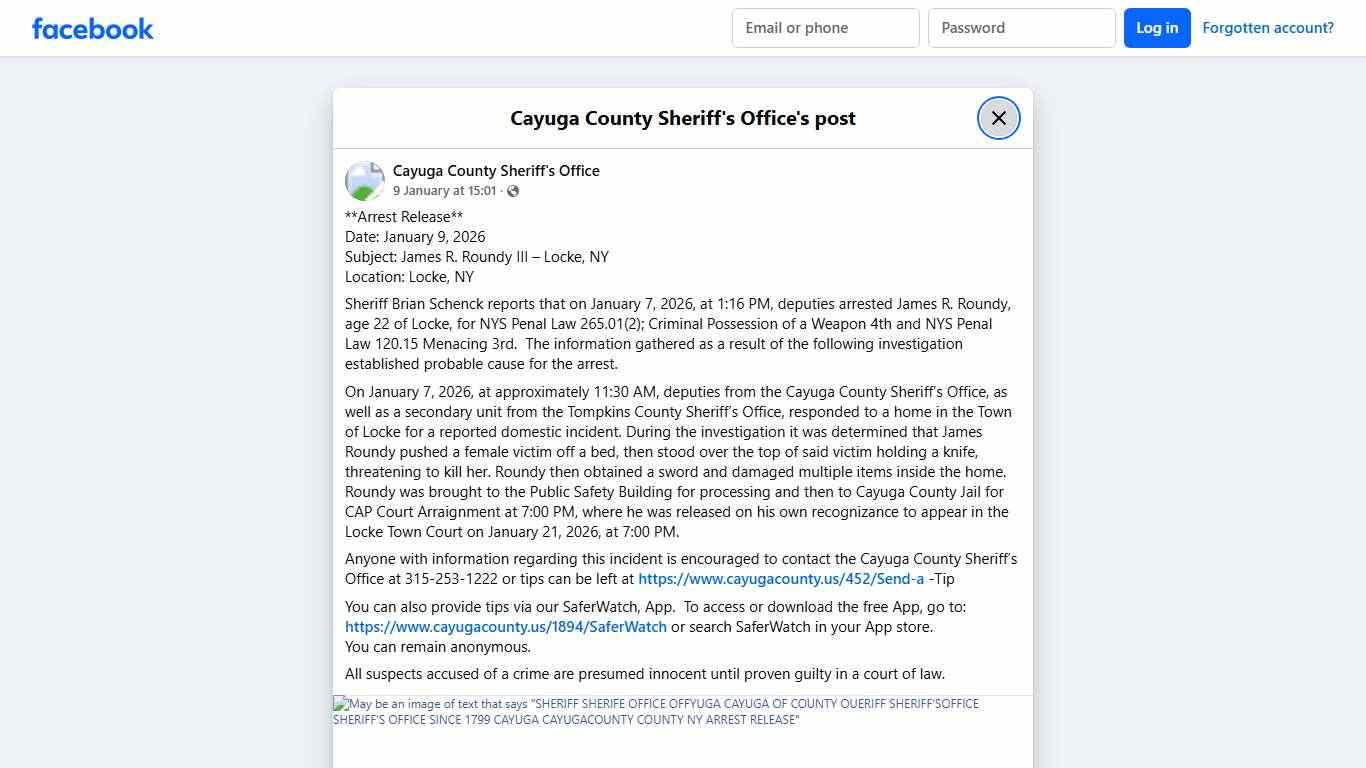 **Arrest Release** Date:... - Cayuga County Sheriff's Office Facebook